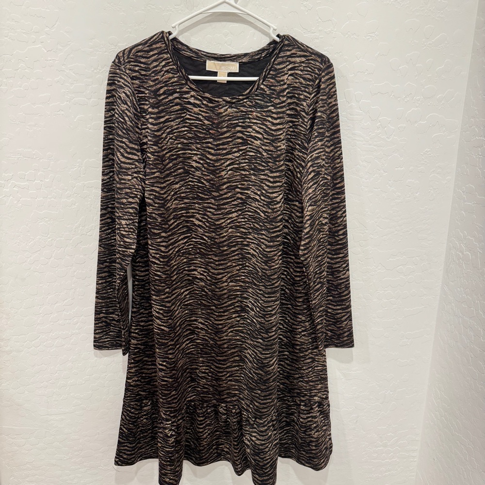 Michael Michael Kors Jacquard Flounce Dress Womens 1X Black Brown Long Sleeve